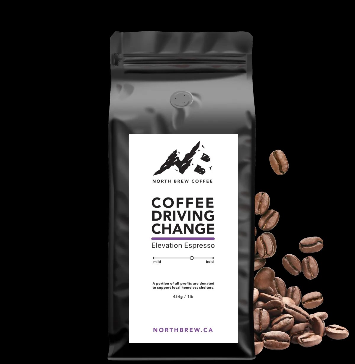 A black stock coffee bag with a custom white North Brew Coffee label, beside roasted beans